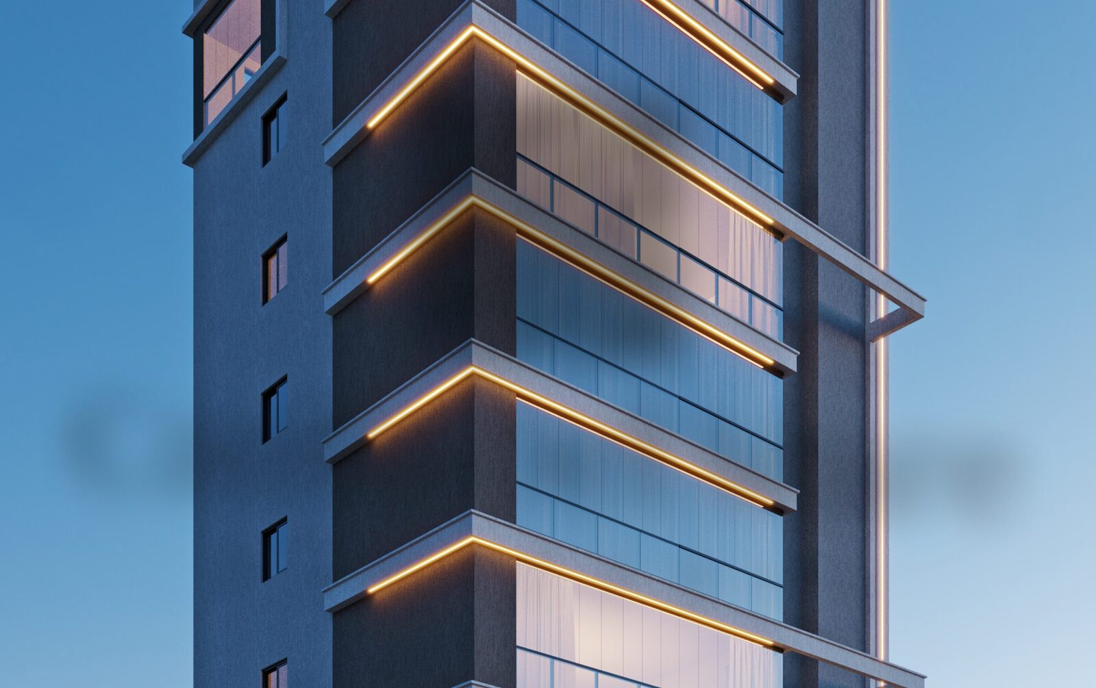 Detalhe da fachada do Canto Del Mare, com iluminação dourada demarcando cada andar